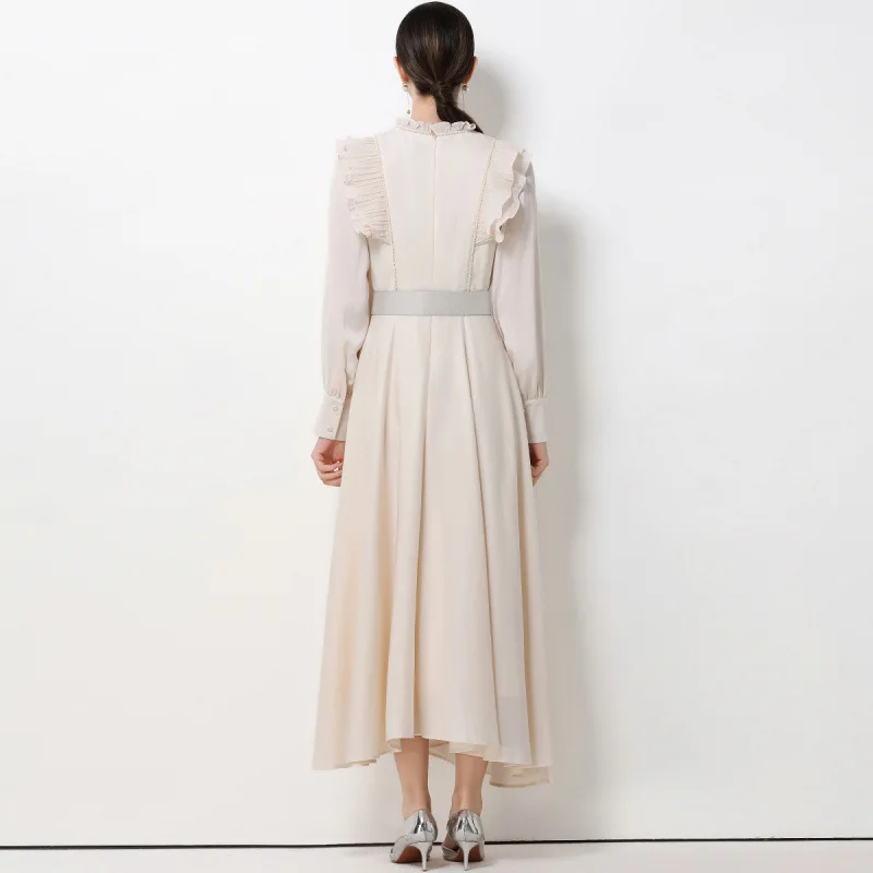 Ele Vintage Long Sve Maxi Dr Stand Collar Gathered Waist Floor Length Gown Floral Lace Hemline High Waist Velvet Fa...