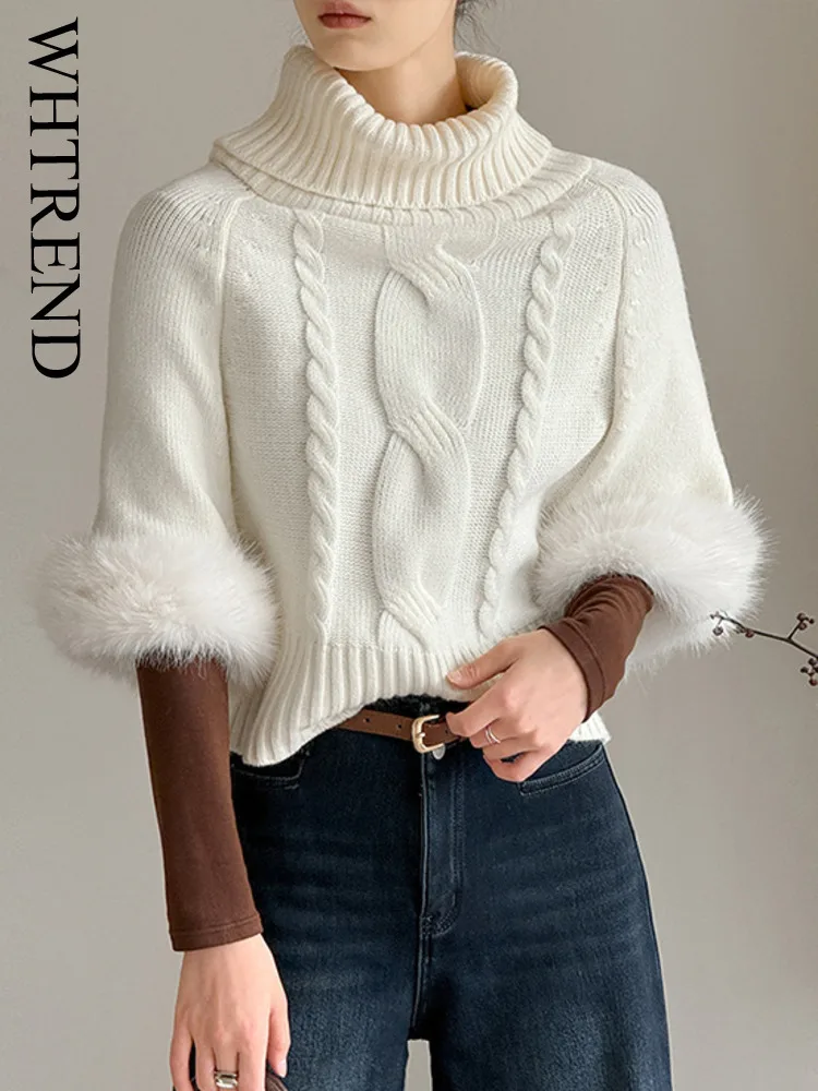 WHTREND شتاء جديد متعدد ارتداء خارج الكتف صوف الأغنام يشعر عالية الرقبة سترة الفراء الأكمام بلوفر مغزول WH2238 #1