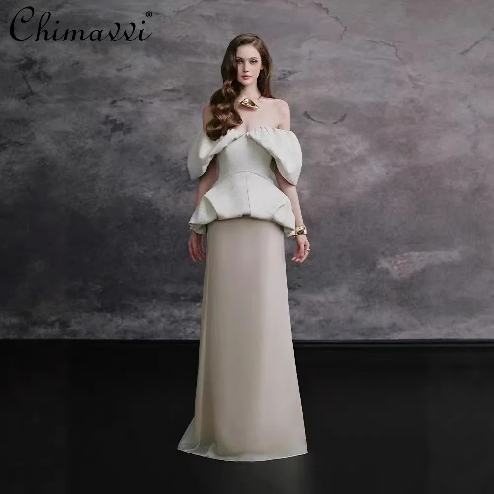 

2026 Spring French Fashion Elegant Off-Shoulder Puff Sleeve Strapless Top High Waist A-line Long Skirt Two-Piece Set for Women