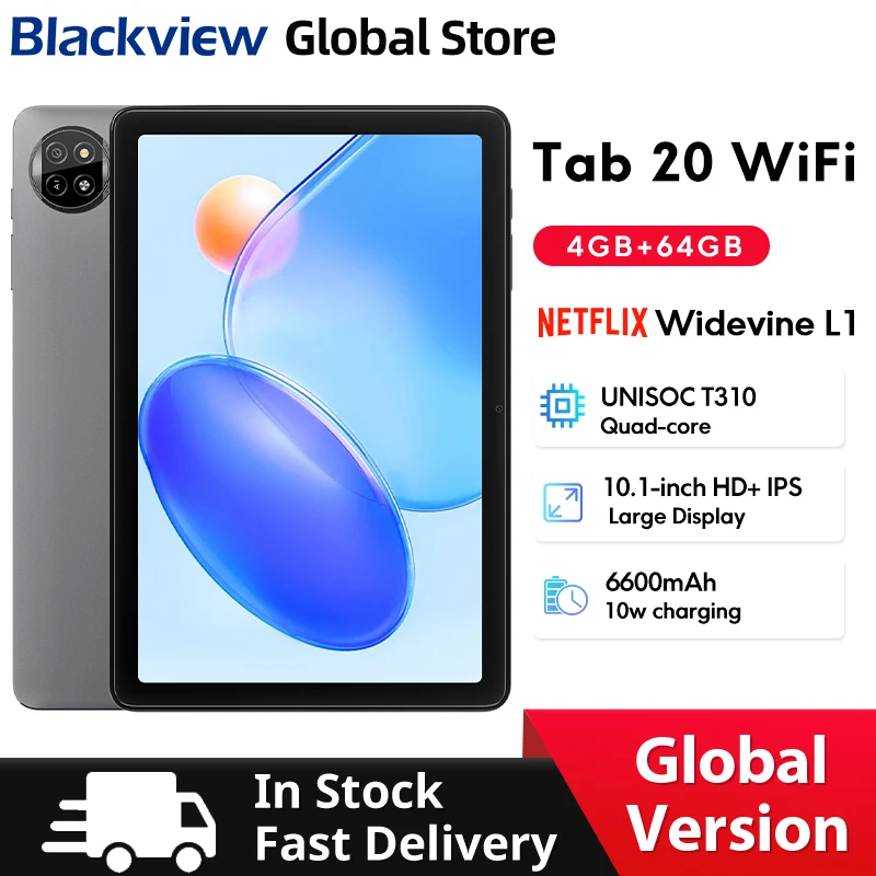 Blackview Tab 20 WIFI Tablets 10.1'' HD+ IPS Display Widevine L1 4GB 64GB Unisoc T310 Android 15 6600mAh 8MP Tablet Pad PC
