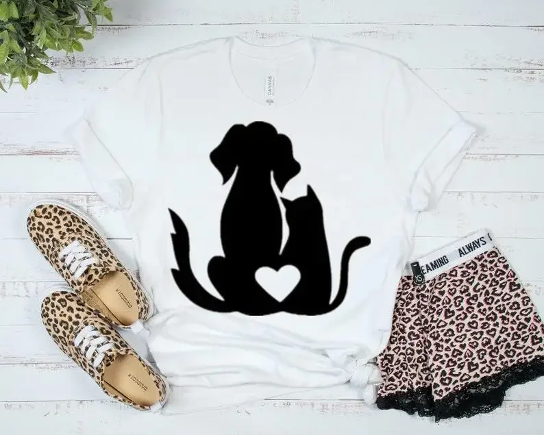 

Dog and Cat Shirt-Dog Mom Cat Mom Gift for Aunt-Mom Gift For Him-Funny Cat 100% Cotton Fashion Top Tees O Neck y2k Drop Shipping