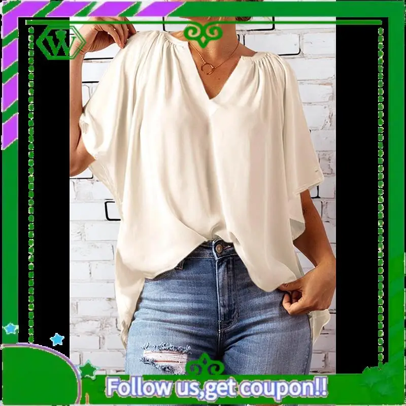 A18P-Womens Tops Dressy Casual 2025 Spring Summer V Neck Short Sleeve Shirts Business Casual Chiffon Blouses
