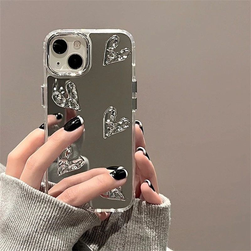 럭셔리 3D 러브 하트 메이크업 거울 전화 케이스 iPhone 15 14 13 12 Pro Max 11 한국 INS 실버 전기 도금 소프트 뒷면 커버