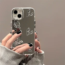 Luxury 3D Love Heart Makeup Mirror Phone Case For iPhone 15 14 13 12 Pro Max 11 Korea INS Silver Electroplated Soft Back Cover