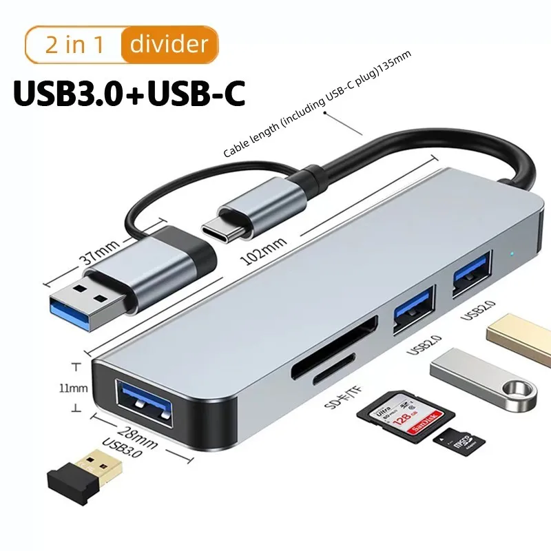 USB-C/USB-A Dual-Interface-Hub 5-in-1-Adapter mit USB3.0/2.0-Anschlüssen und SD/TF-Kartenleser für Laptops und Desktop-Computer