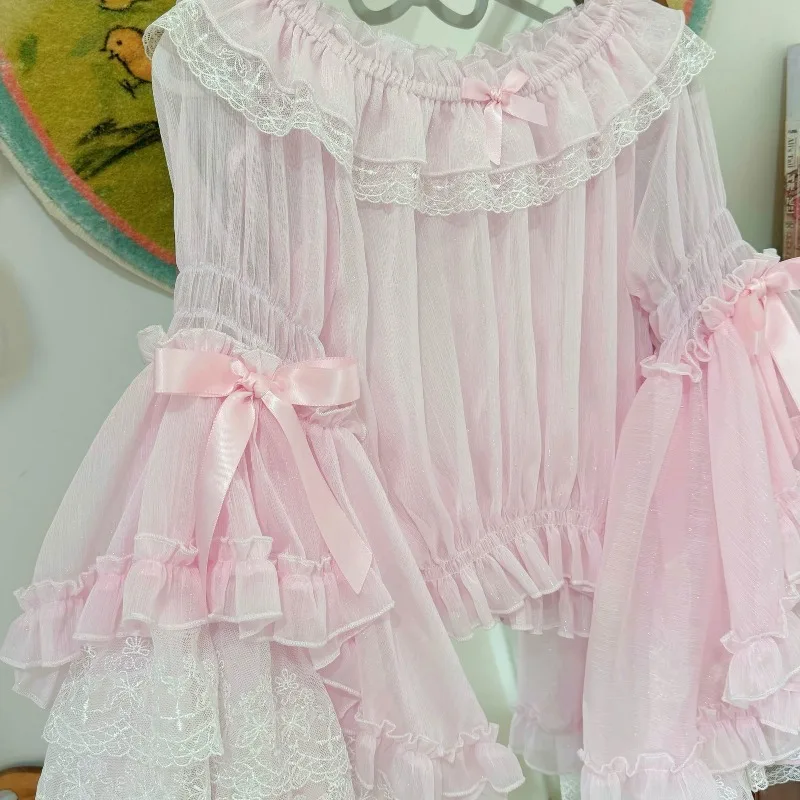 المرأة الفيكتوري الحلو مقوس دانتيل Y2k لوليتا البلوزات الكشكشة مضيئة كم قمصان اليابانية Kawaii قميص Mujer بلايز فساتين