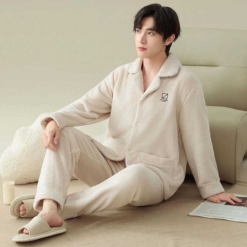 

High Quality Winter Men Flannel Sleepwear MaleThick Warm Turn-down Collar Pijamas