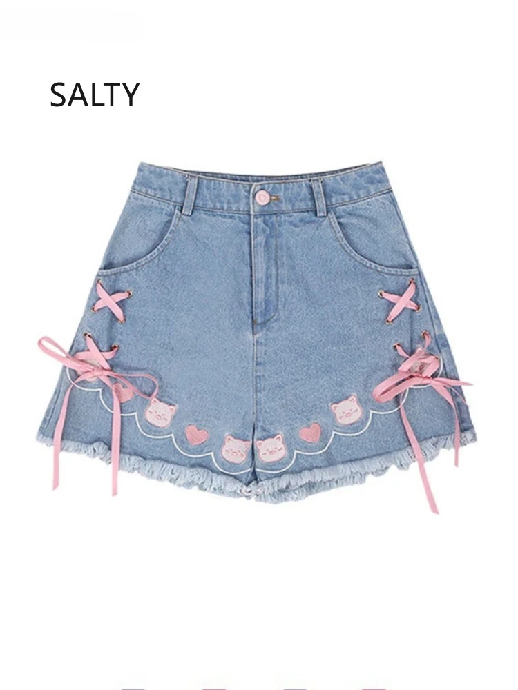 

Лето 2022, джинсовые шорты в стиле Харадзюку, женские милые милые мультяшные поросенки с вышивкой и бантом, короткие брюки, женские джинсы Kawaii