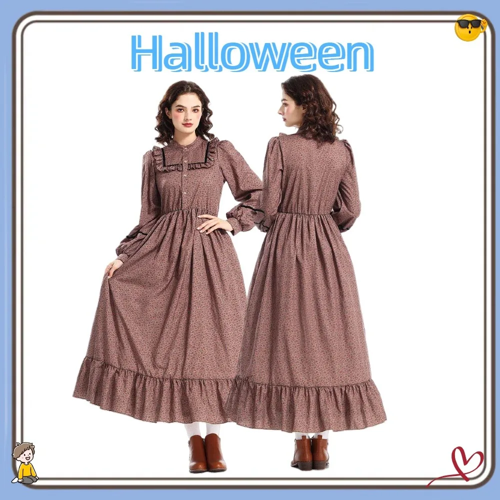 

Костюм на Хэллоуин, коричневое пасторальное платье с цветочным принтом, костюм пионера, викторианское средневековое платье