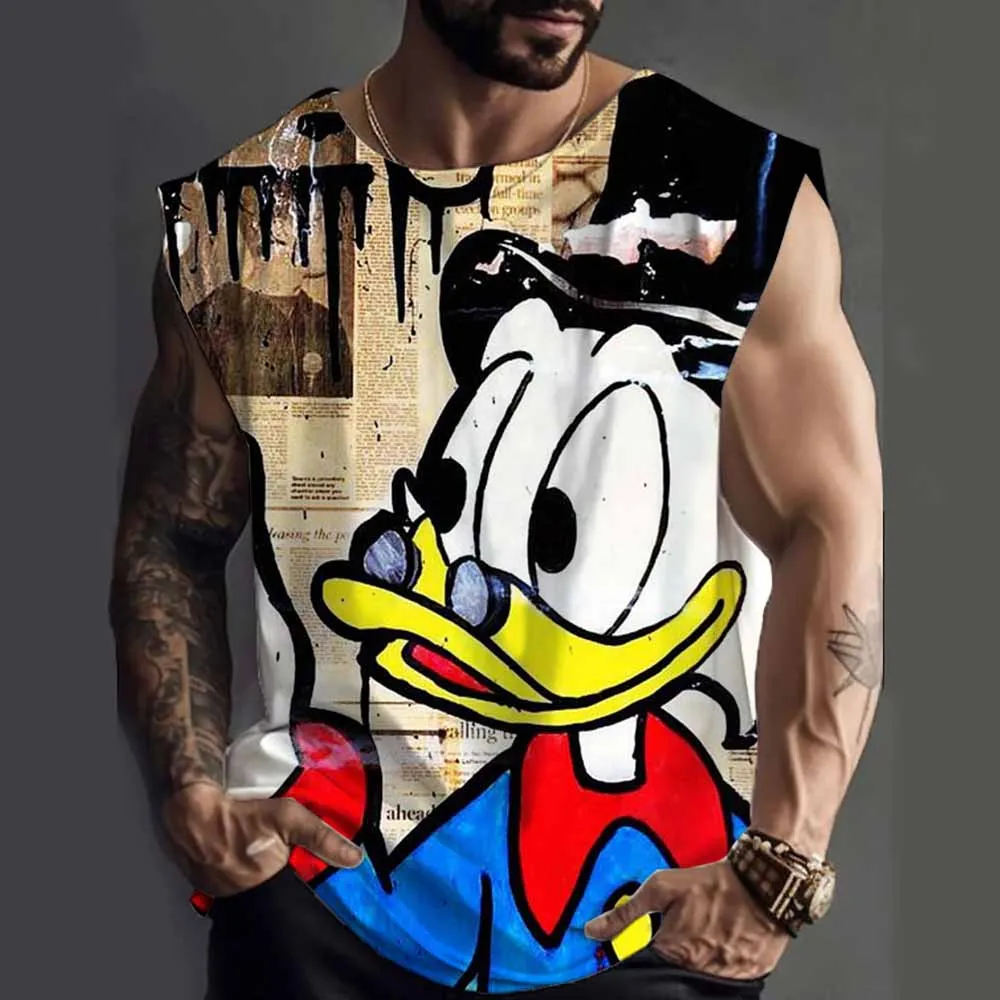 تي شيرت رياضي بدون أكمام للرجال كاجوال قابل للتنفس ورقبة دائرية بدون أكمام صيفي كاجوال من ديزني دونالد داك مطبوع عليه مضحك كلاسيكي تي شيرت