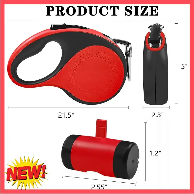 

B17C Retractable Dog Leash With Waste Bag Dispenser And Flashlight, 26Ft Dog Leash For Small Medium Dog Up To 110Lbs