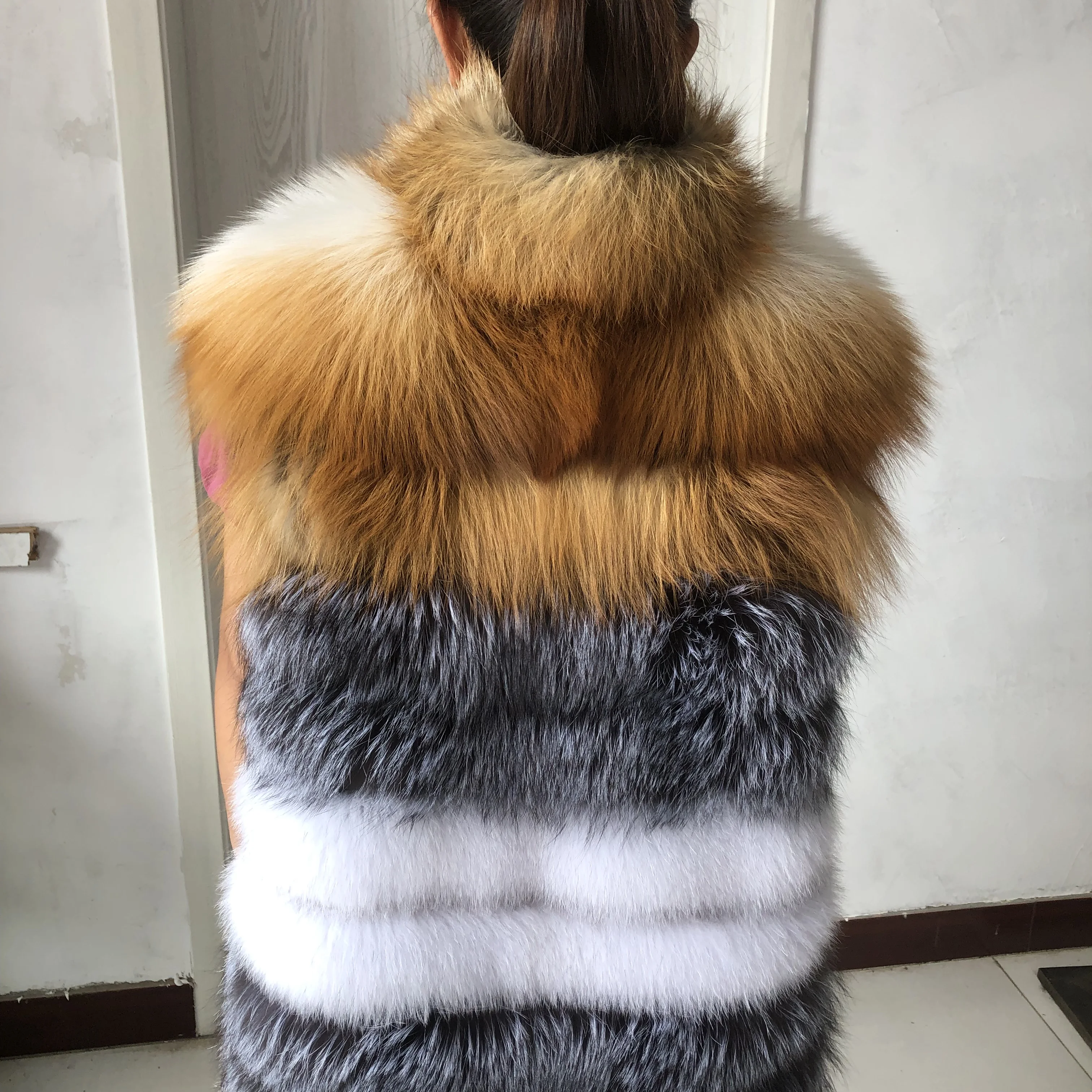 Women\'s Spring Autumn Long Natural Fur Vest Plus Stand Collar Real Fox Fur and Silver Fox Red Fox Fur Mix Long Fashion Tank Top