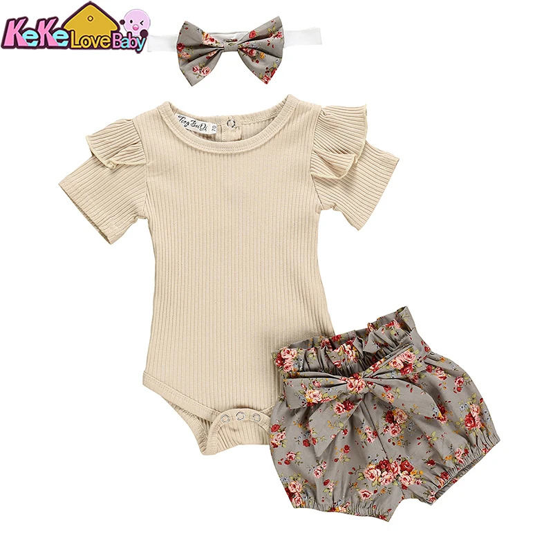 Summer Infant Baby Girl Clothes Set Solid Color Short Sleeve Ruffle Romper Tops Flower Pants Headband 3Pcs For Newborns Outfits