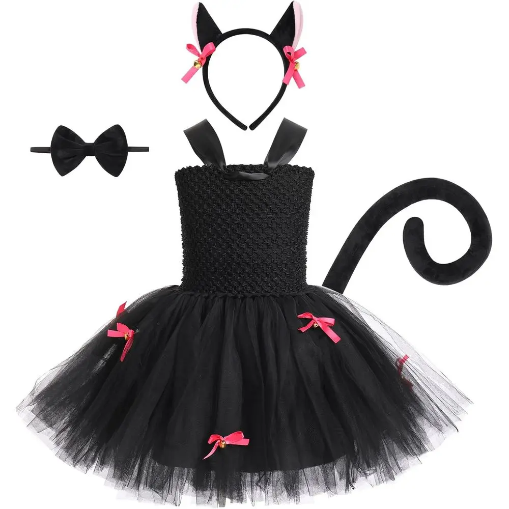 

Kids Black Cat Halloween Costume or Girls - Drwith Cat Ears band, Tail, Bowtie - Outit Clothes Cosplay Accory Kit - 2 Years
