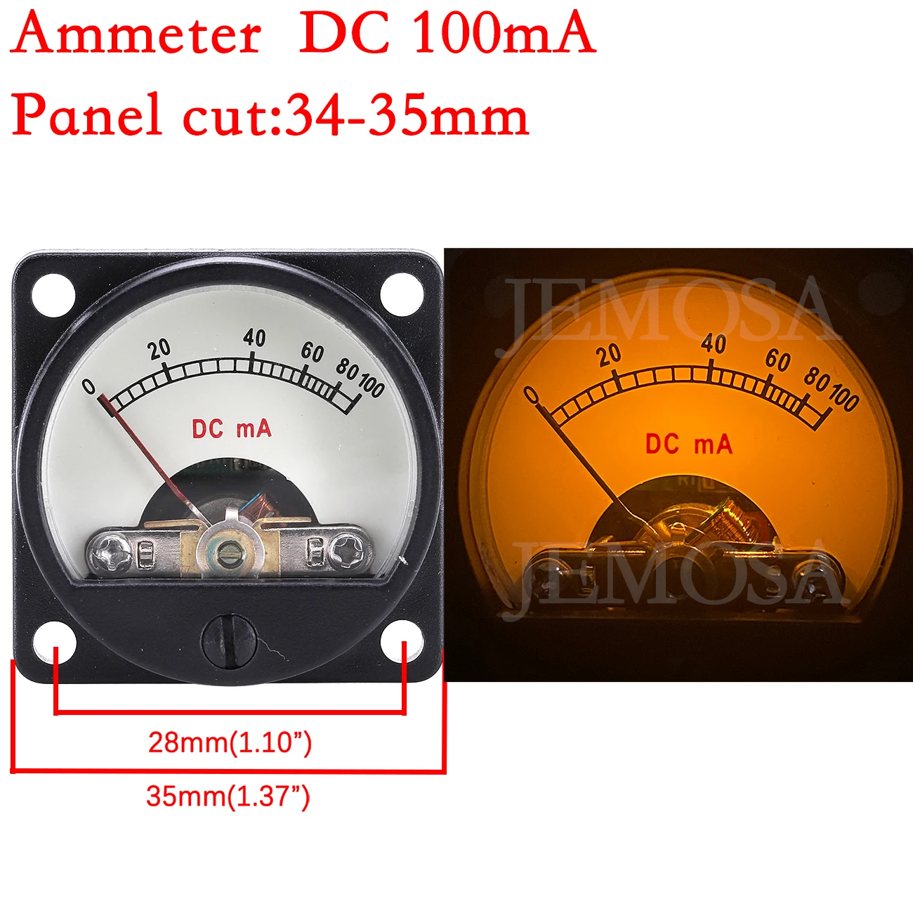 1PC 34MM Ammeter DC 100MA 200MA Analog Current Meter Panel Pointer Type With LED Yellow Background Light For Audio Amplifier DIY