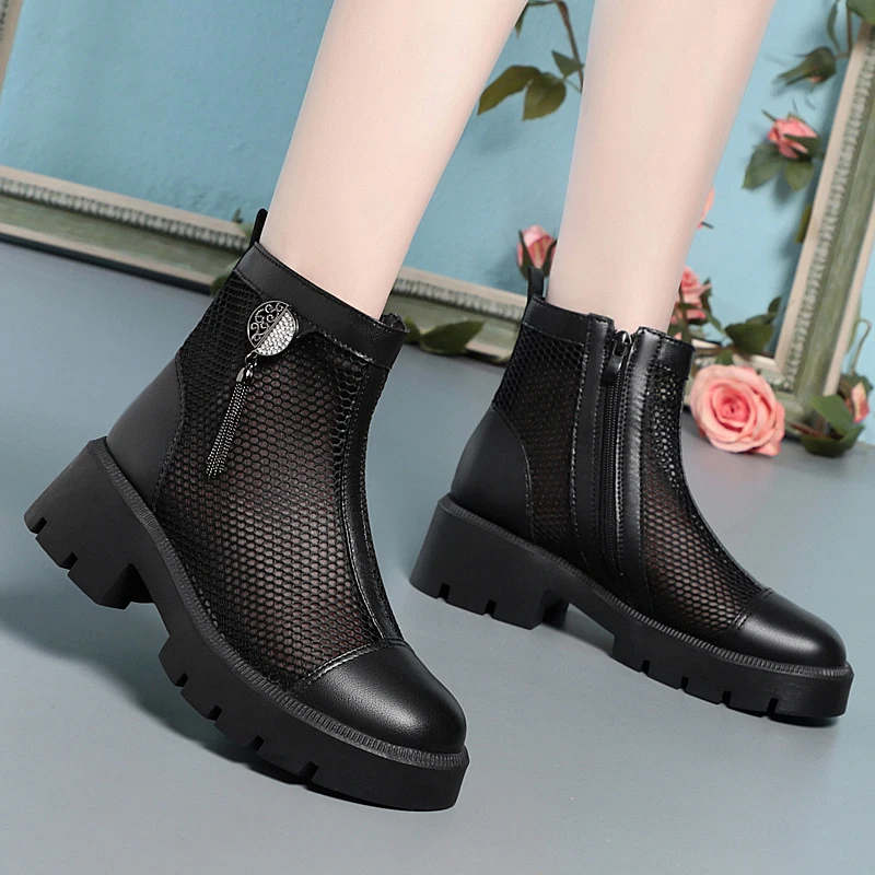 AIYUQI Women Summer Boots 2025 New Genuine Leather British Fashion Summer Women Boots Mesh Tassel Women Cool Boots