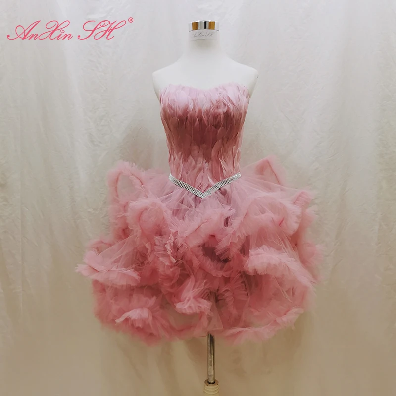 

AnXin SH pink feather short evening dress sisters birthday fluffy beading crystal evening dress strapless little white dress