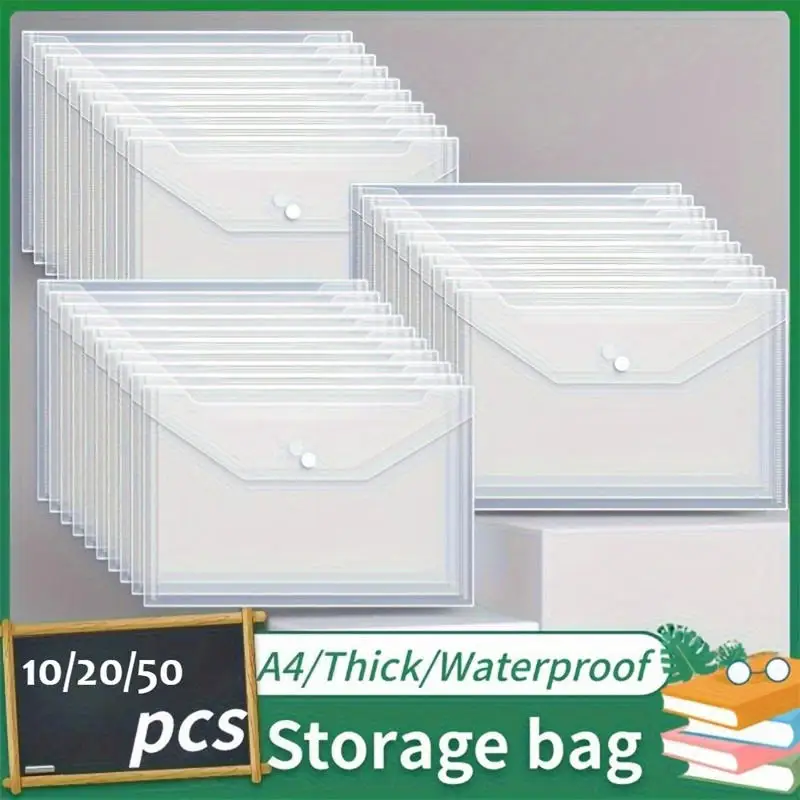 

10/20/50Pcs File Pouch Envelope Transparent Waterproof Reusable File Bag With Buttons A4 Student Information Storage Folders