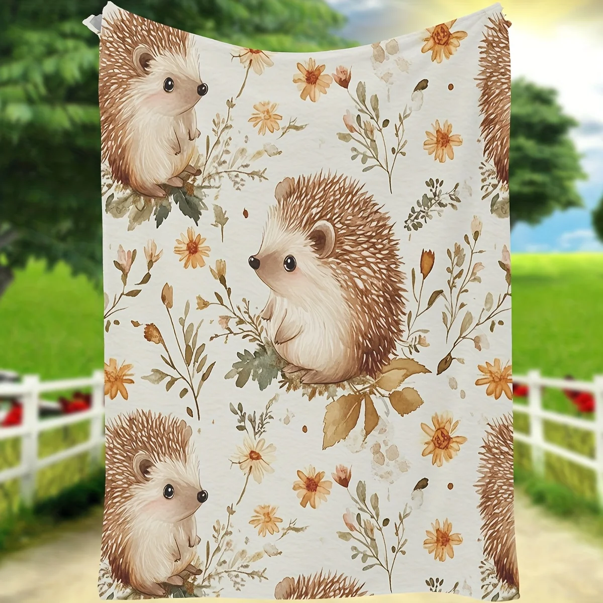 1pc Cozy Hedgehog Floral Blanket - Soft Flannel Polyester Throw with Adorable Hedgehog & Flower Design, Perfect for Home Decor,