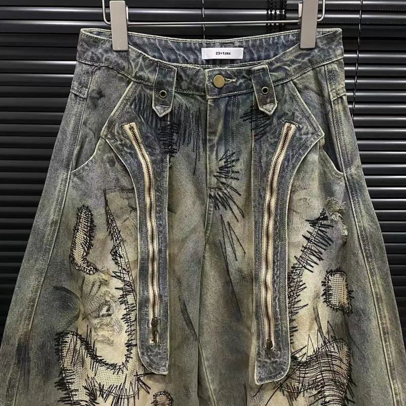 ANJY 가을 새로운 여성 아메리칸 레트로 streetwear 세련된 디스트레스드 청바지 캐주얼 트렌디 오리지널 비대칭 자수 바지 a7161