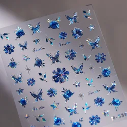 Acrylic Engraved Nail Sticker Holographi  Blue Color Flower Self-Adhesive Nail Transfer Sliders Wraps Manicures Foil Z0798