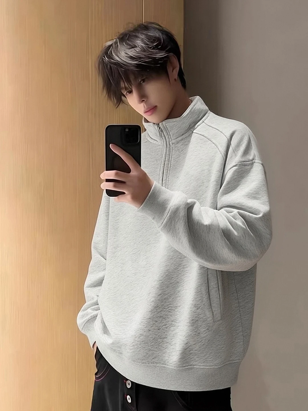 

White ey Splice f Zipper Hoodie Men Spring Haome oulder Stand Collar irt American High Street Heavy Coat