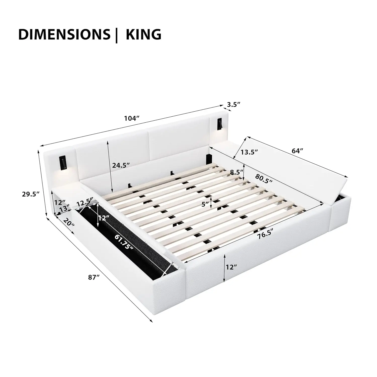 King Size Bed Frame with Storage, Oversized Upholstered Headboard Cloud Boucle Platform Beds Frames with Nightstands & LED Readi