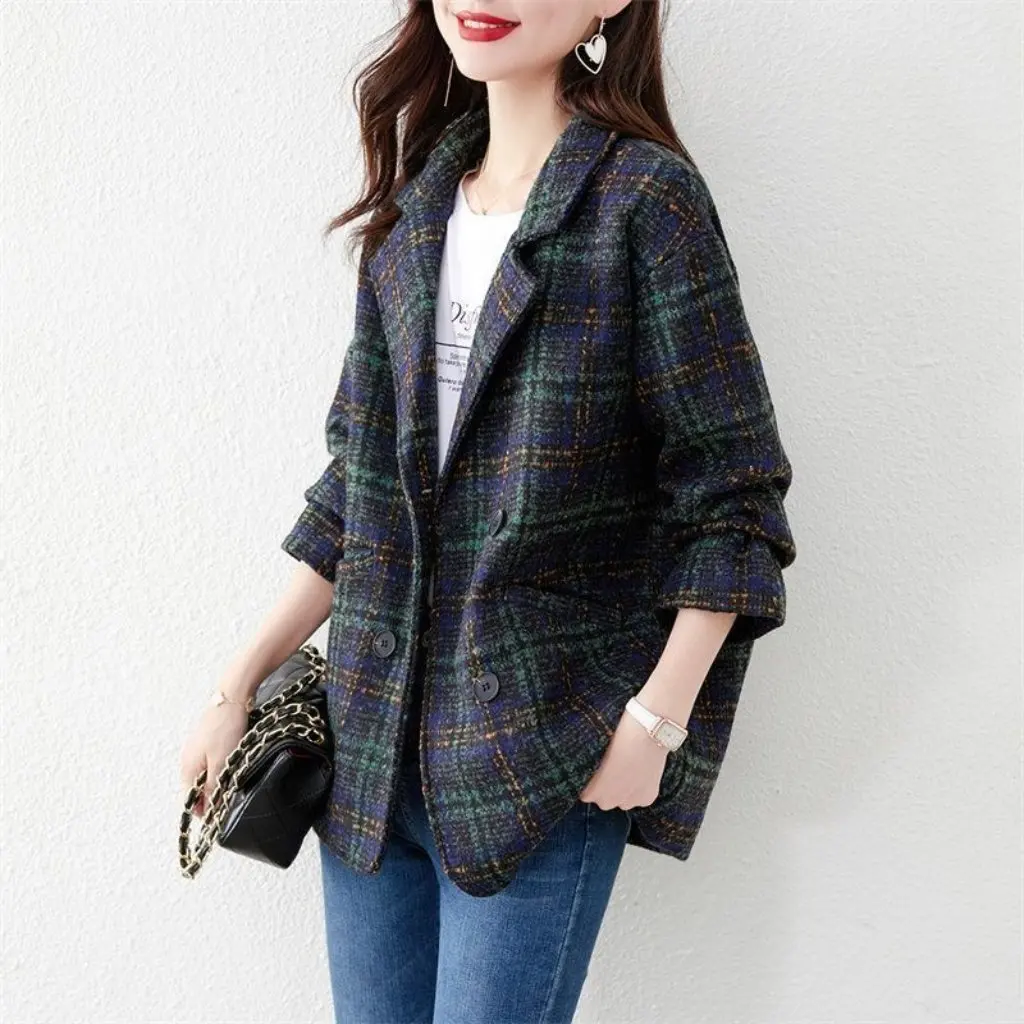 

Women's Plaid Woolen Coat Korean Style High-End Small British Style Fall New Fashion Outerwear for Ladies