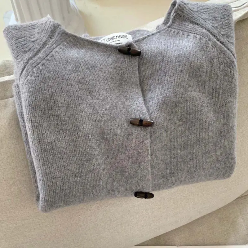 Knitted Cardigan Women Gray Vintage Coat Gentle Sweater Korean Style Slouchy Autumn V-neck Soft Cozy Simple Streetwear Temper