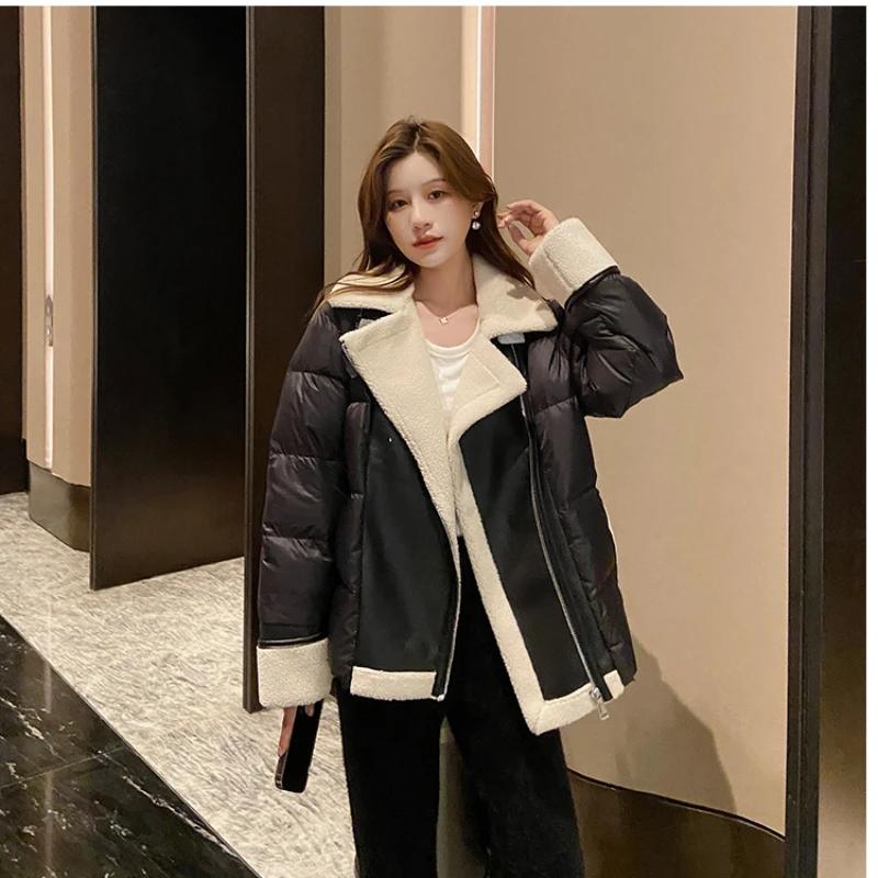 

Women's Down Jacket New Winter Lamb Leather Patchwork White Duck Down Coat Thicken Warm Lapel Short Diagonal Zipper Coat