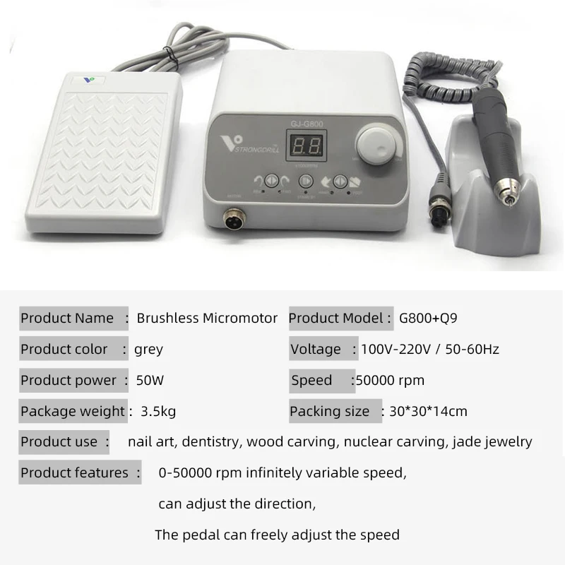 Dental laboratory micro motor handle 50000rpm professional brushless polishing machine foot control 50W power
