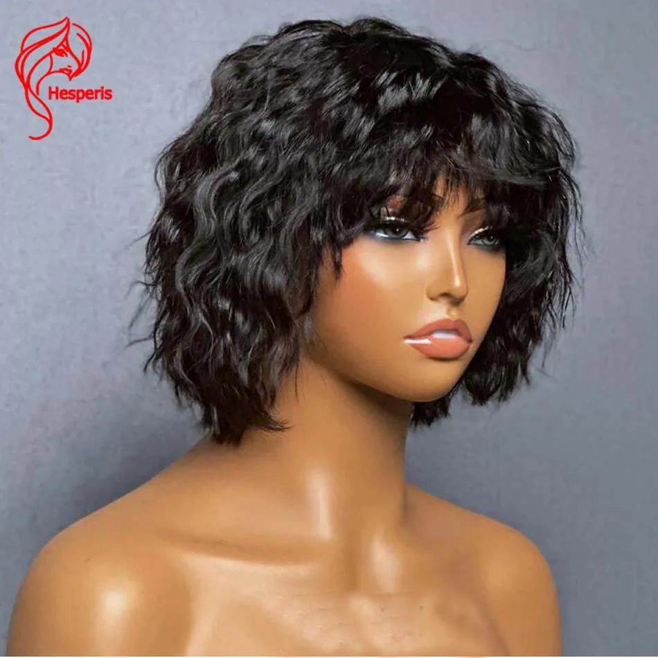 Hesperis Short Wavy Bob Glueless Wig With Bang Water Wave Bob Cut Full Machine Made Human Hair Wigs For Black Women Wear And Go