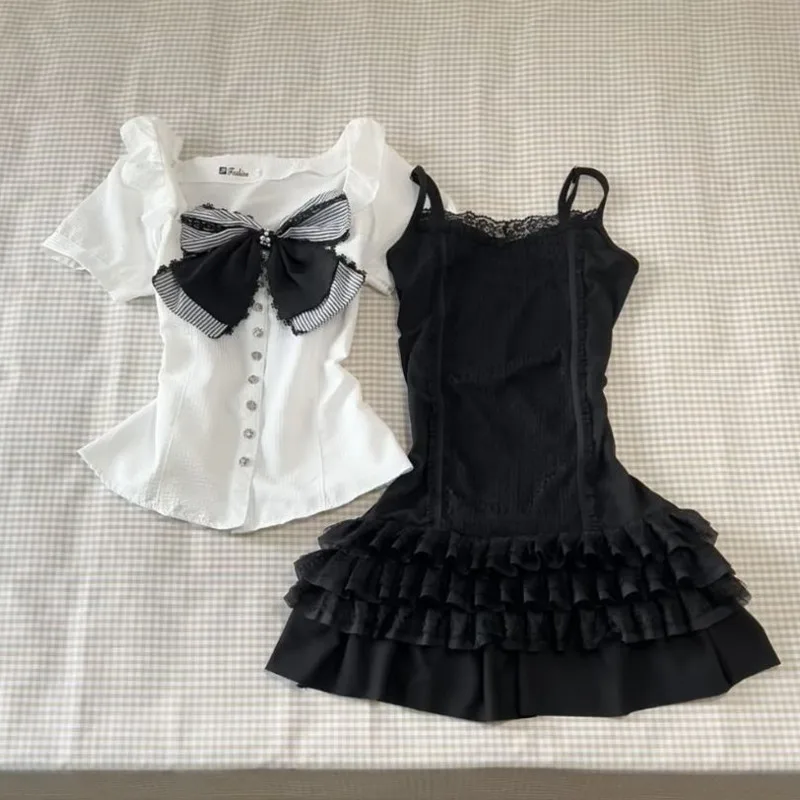 Vintage Gothic Aesthetic Bow Top Sling Mini Skirt Set Women Punk Y2k Single Breasted Shirts Sexy Slim Cake Skirt Two Piece Sets