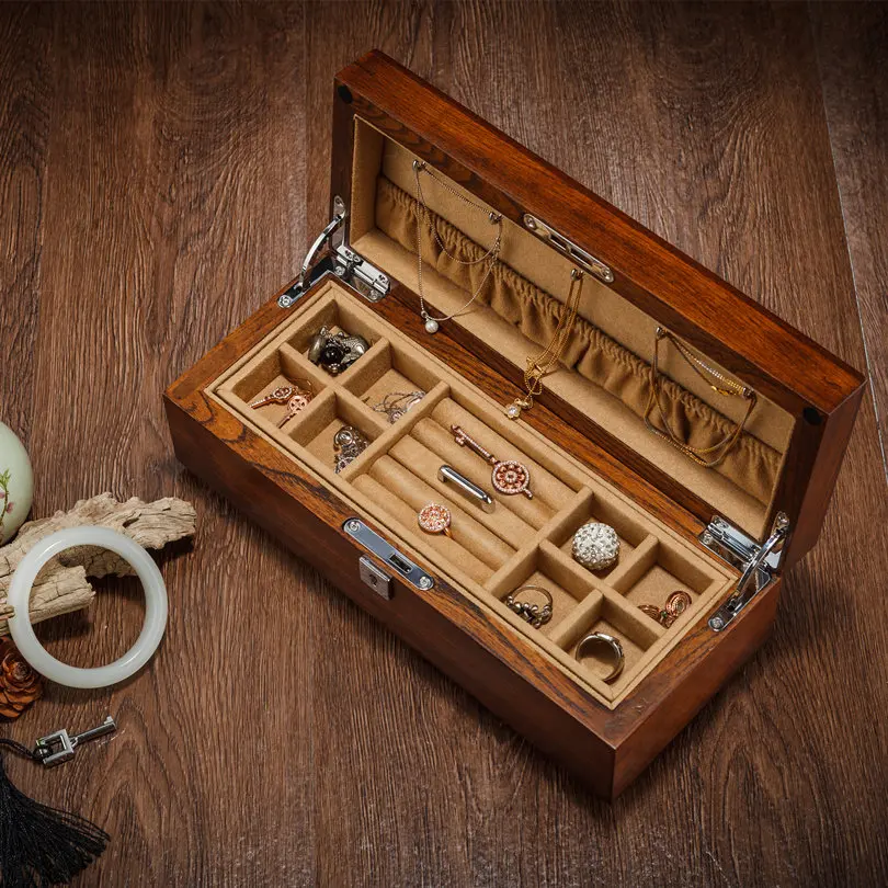 Elm pure solid wood double-layer jewelry box, jewelry collection storage box, with lock.