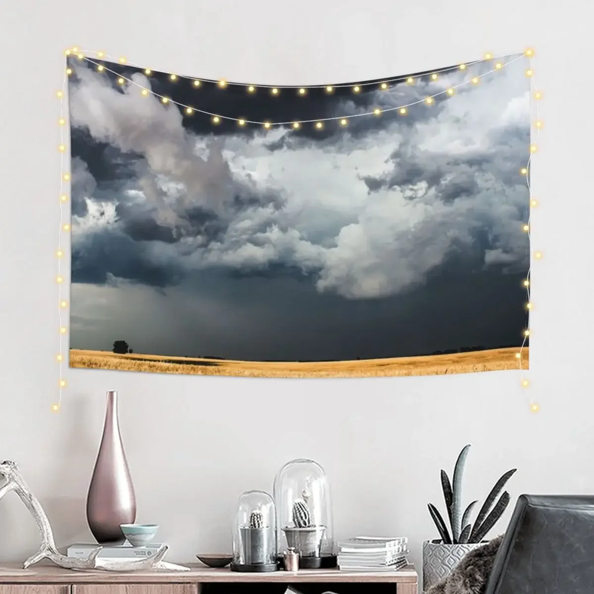 Cotton Candy - Storm Clouds Gather Over Golden Wheat Field in Kansas Tapestry Outdoor Decor Home Decorators Tapestry