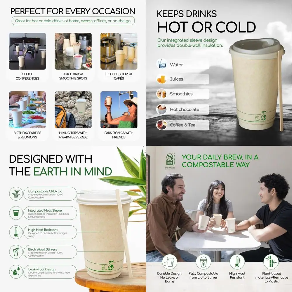 

75 шт. компостируемых стаканов по 16 унций с крышками и мешалками – герметичные, без БФА, на растительной основе, для горячих и холодных напитков