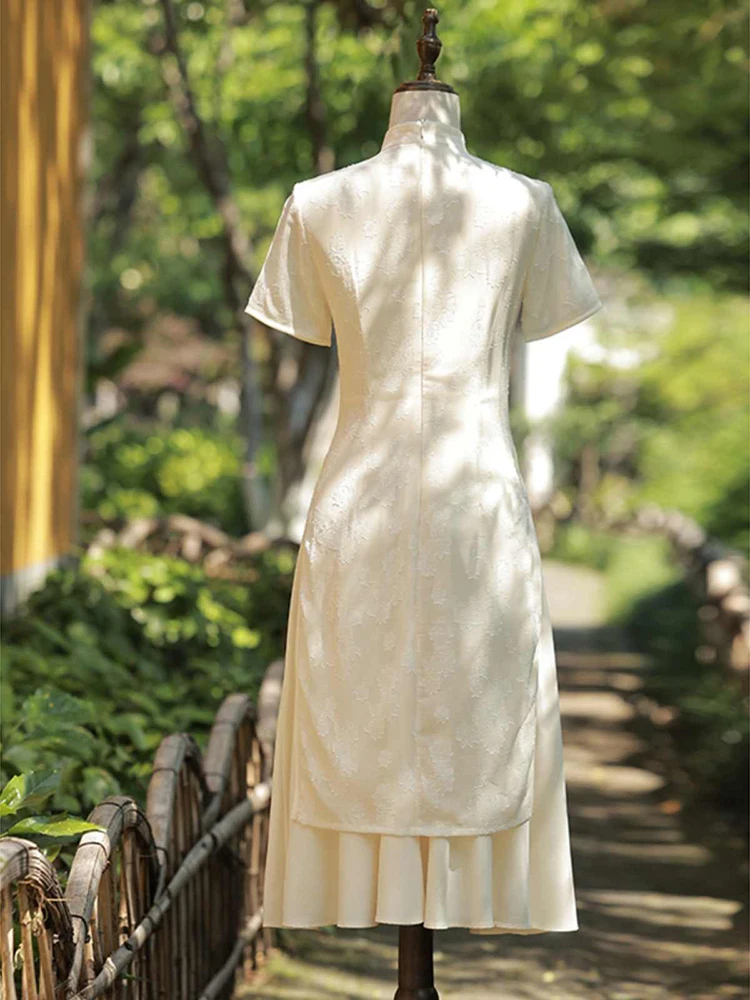 若い女性の新しい中国風茶道ドレスロングチャイナドレス半袖ミッドレングスガウンレトロデザイン日常着