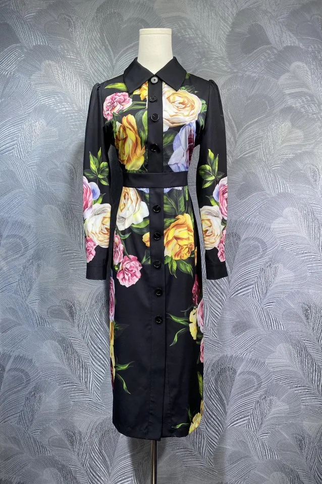 

Elegant Floral Print Shirt Dress for Women – Vintage Long Sleeve Button Down Midi Dress with Belt, Slim Fit Satin Party Dress