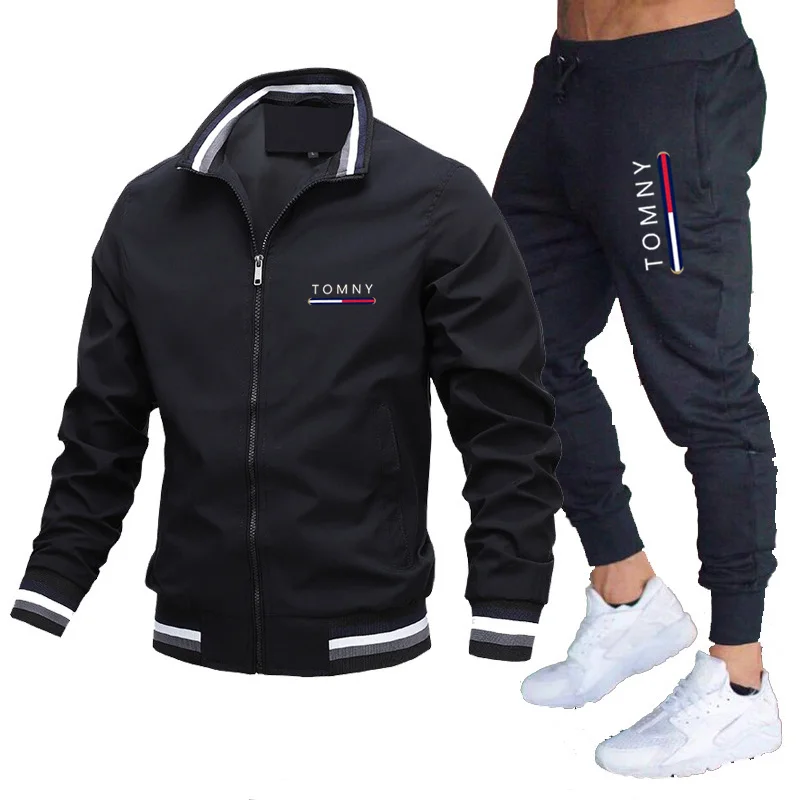 Conjunto de calças e montanhismo casual masculino, jaqueta com capuz, zíper de alta qualidade, corrida fitness, primavera, outono, conjunto de 2