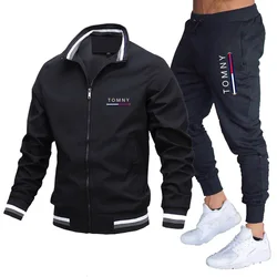 Conjunto de calças e montanhismo casual masculino, jaqueta com capuz, zíper de alta qualidade, corrida fitness, primavera, outono, conjunto de 2 peças