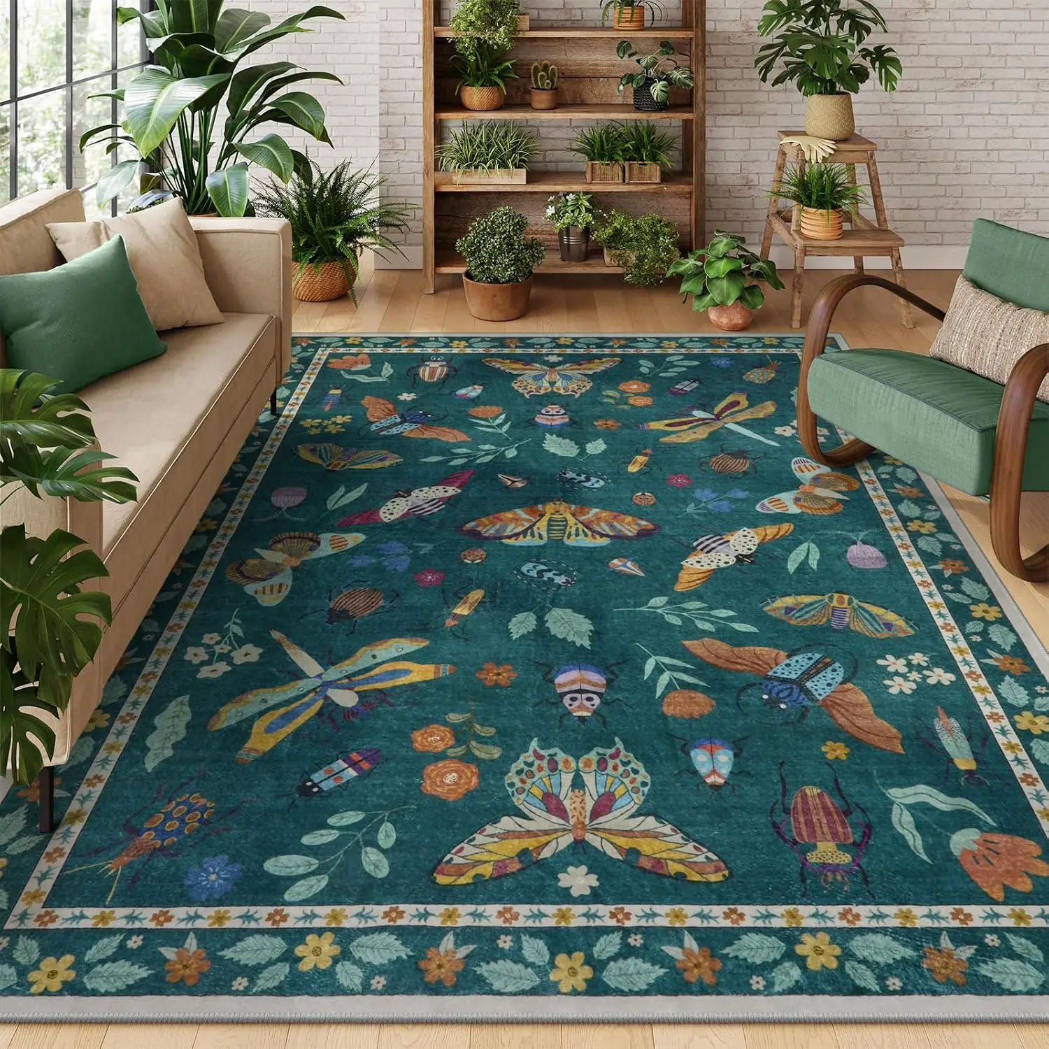 

Коврик с принтом насекомых 5x7 футов, мягкий, моющийся, нескользящий, современный ковер для гостиной, спальни, офиса (темно-зеленый)