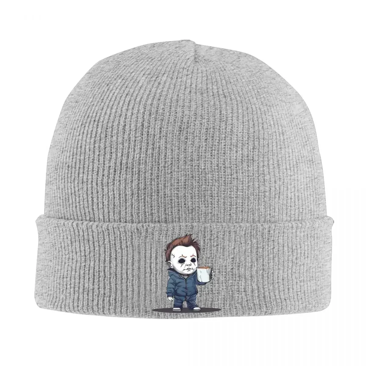 Michael Myers Morning Coffee Knitted Caps for Women Men Skullies Beanies Autumn Winter Hats Acrylic Halloween Movie Warm Caps