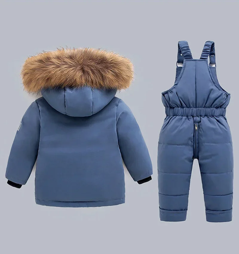 Outdoor Winter Children Clothing Set 2Pcs Kids Down Jackets Sets Thick Warm Down Coats+Strap Pants Baby Snowsuits Overalls