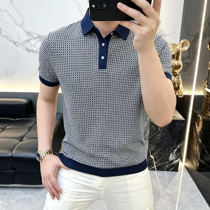 Summer Short Sleeved Men's Ice Silk Knitted T-shirt Slim Casual Business Polo Shirts Elastic Comfortable Social Office T-shirts