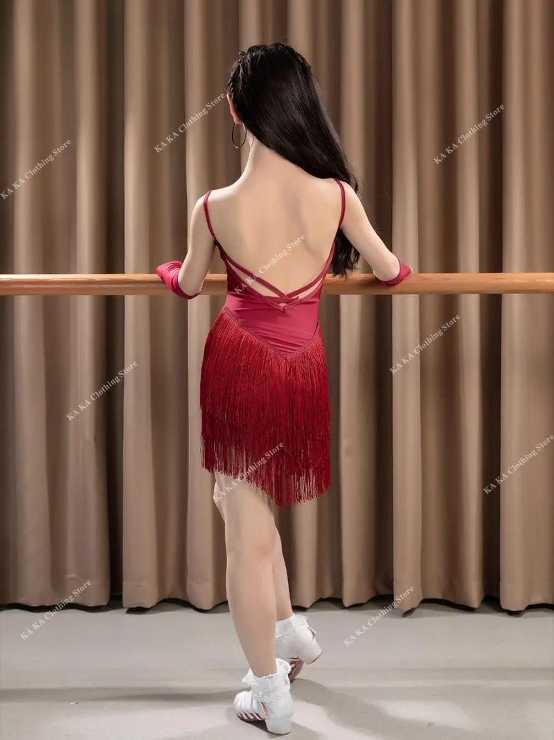 Sukienka do tańca latynoamerykańskiego salsa tango dla dziewczynek, sukienka z frędzlami, spódnica do tańca rumba tango z chwostami, dziecięca sukienka konkursowa do tańca towarzyskiego, standardowa dla dzieci.