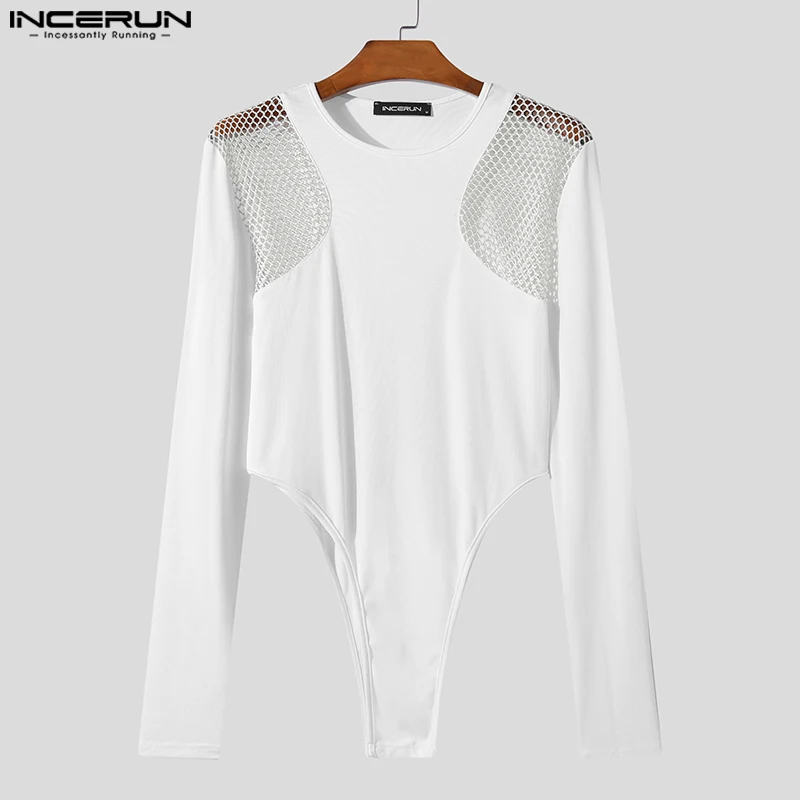 INCERUN 2023 Sexy Style Men Rompers Irregular Hollow Patchwork Mesh Jumpsuits Stylish Solid Thimble Long Sleeved Bodysuits S-5XL