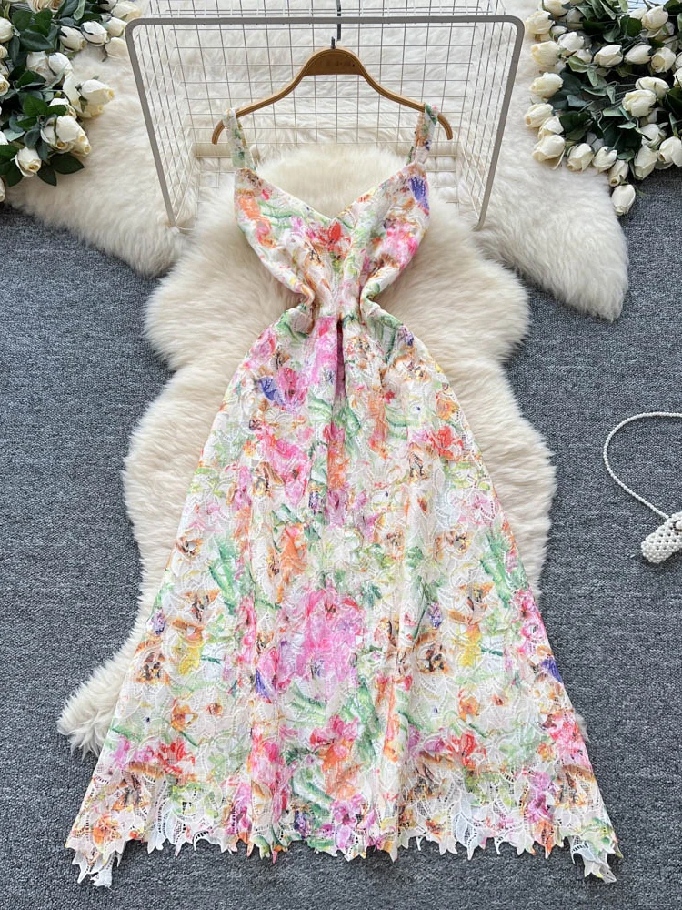 Ele Hollow out Embroidered Lace Strap Dr Women's High Waist A-Line Skirt ort Sve Summer Commute Korean Sle