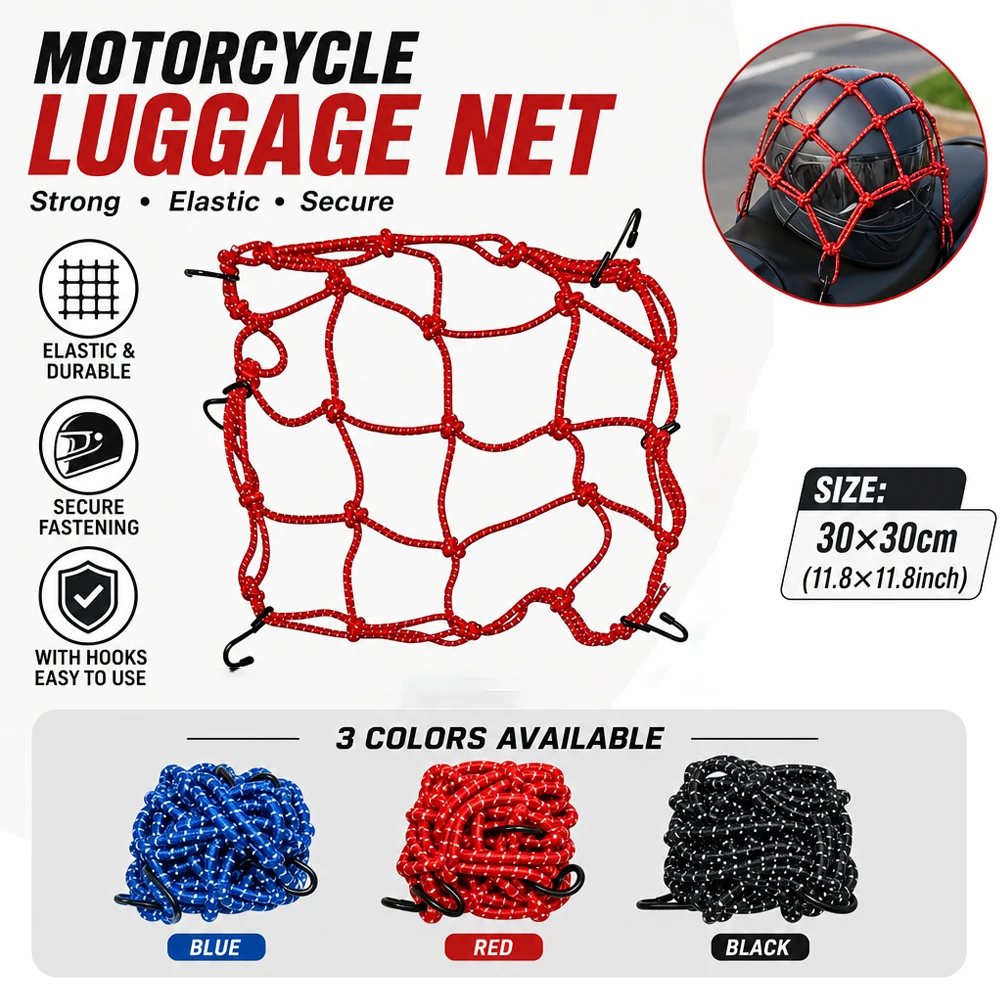 Motorcycle Cargo Net 30x30cm Motorbike Bicycle Elastic Net for Helmet Storage Bungee Fuel Tank Luggage Net with Hooks view 6
