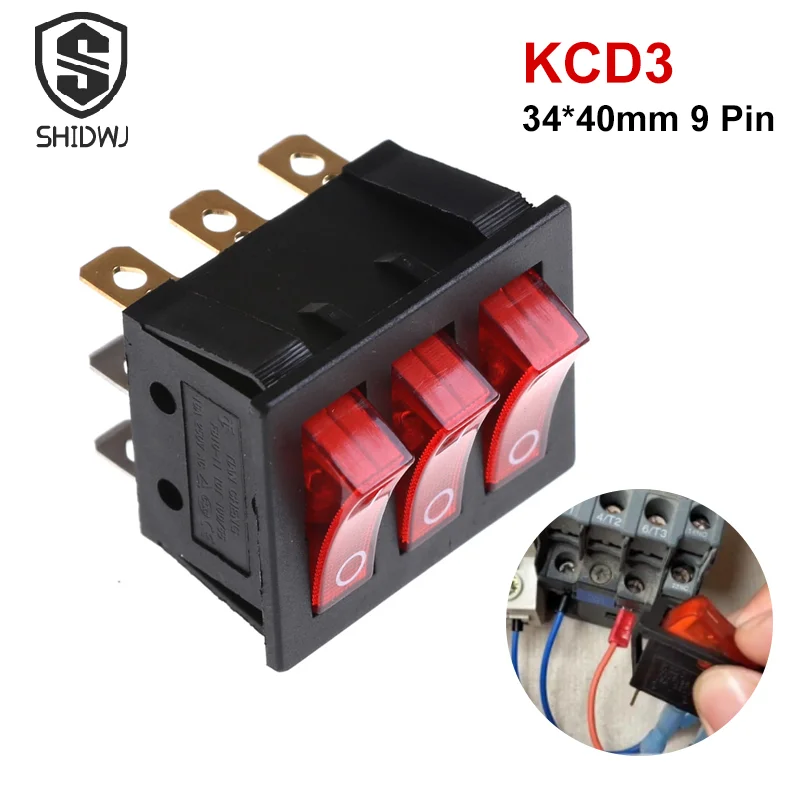 

KCD3 34*40 Большие кулисные переключатели с красным светом Трехпозиционный переключатель 9-контактный 2-позиционный многоножевый однопозиционный 16А/30А 250В