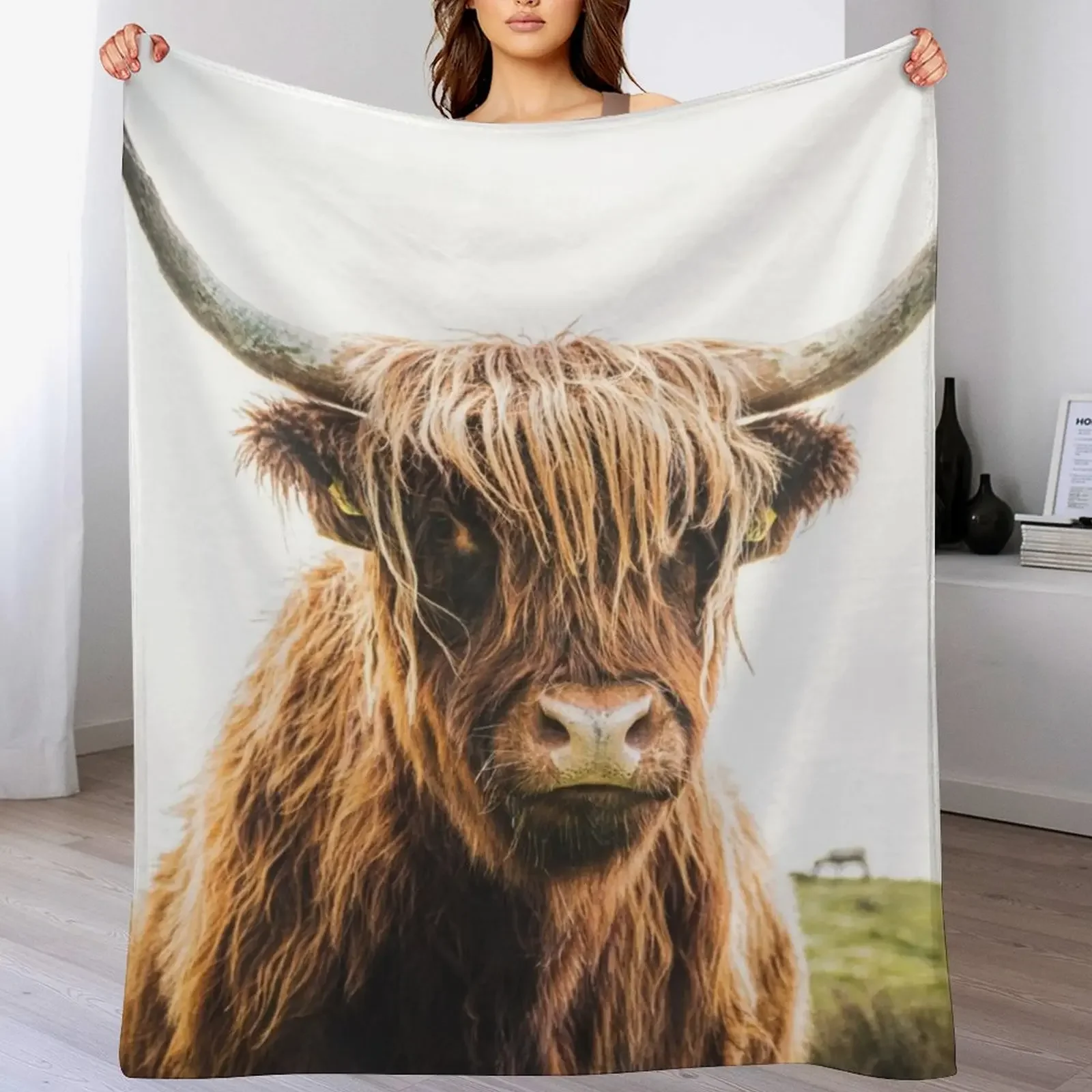 

Hairy brown cow in a meadow Throw Blanket Foldable Soft Warm Blanket for Outdoor Use